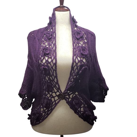 Vintage R&J Couture Boho Crochet Cardigan Sweater M Purple Floral Artisan Knit - Picture 2 of 10